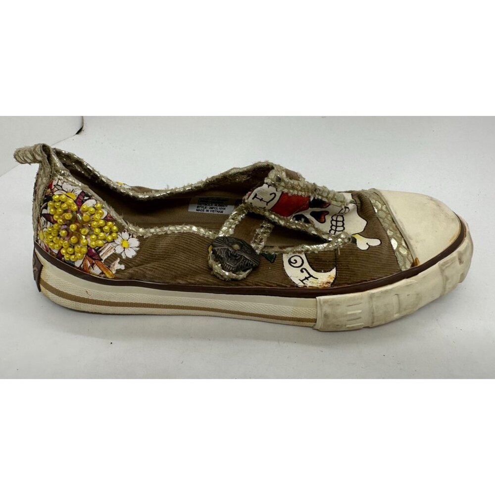 Ed Hardy Shoes Girls Kids 1 Corduroy Canvas Skull Brown Sneaker Mary Jane T-Stra